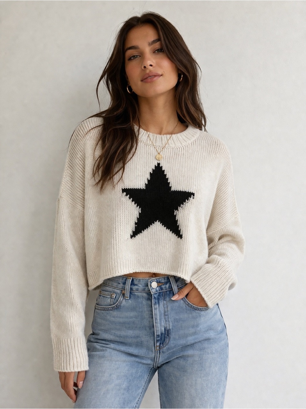 Just Polly Star Sweater Cropped Cream Black Chunky Knit L